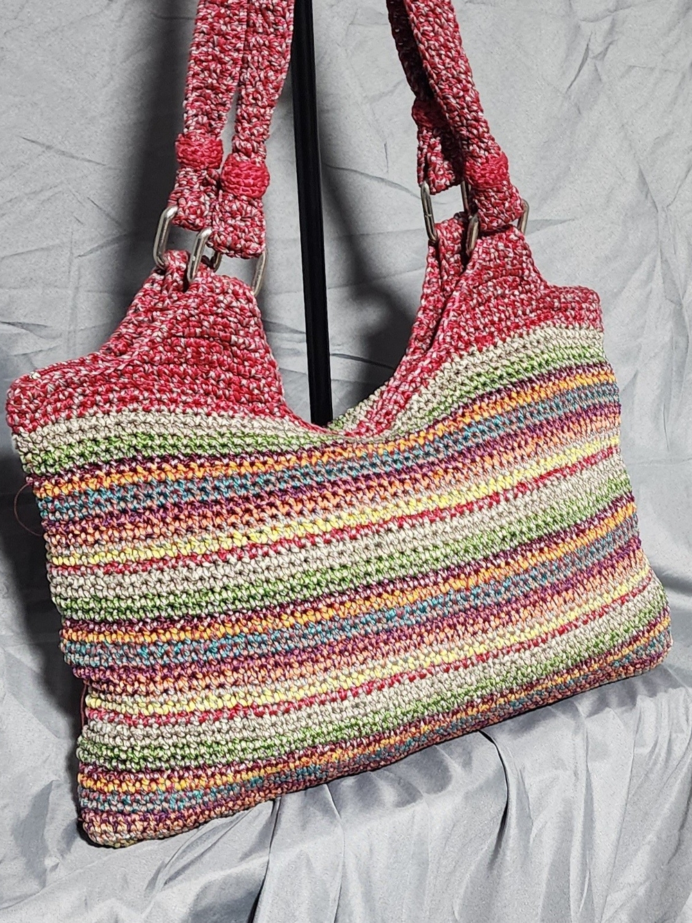 Vintage The Sak Belle Crochet Rainbow Tote Purse Shoulderbag Boho